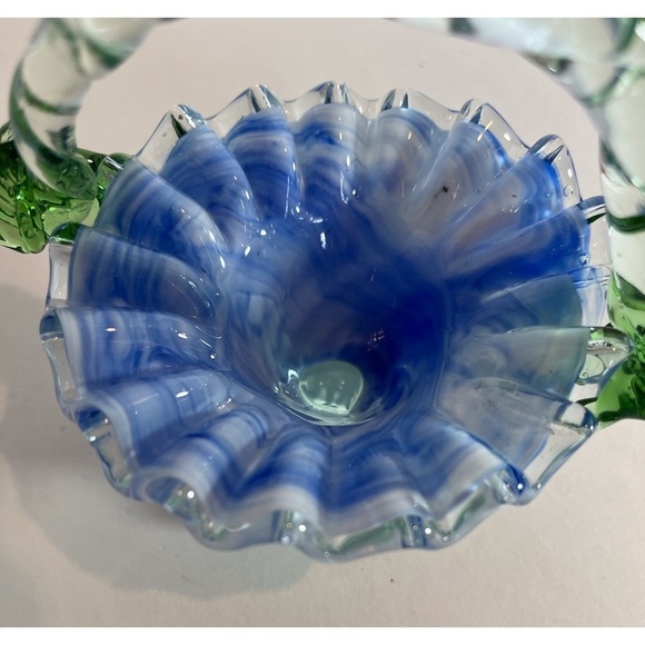 Bohemian Glass Handblown Blue and White Swirl Basket with Ruffled Edge - Picture 5 of 10